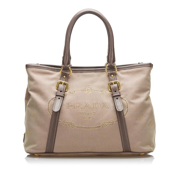 Prada Brown Bag Canvas Handbag Shoulder Leather 2WAY Khaki - Picture 1 of 12